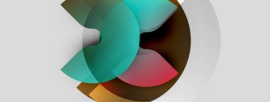 Soyut şekiller örtüşür, canlı renk karışımları yaratır. Dairesel formlar kompozisyona hükmediyor, hareket ve derinliğe işaret ediyor. Minimalist tasarım, temiz arkaplan.