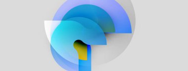 Katmanlı dairesel şekiller içeren soyut bileşim. Maviler, sarılar modern, minimalist estetik yaratırlar. Yumuşak eğimler mevcut derinlik.