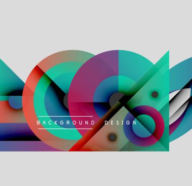 Soyut renkli şekiller çakışıyor. Daireler, üçgenler, çizgiler dinamik bileşim yaratır. Modern tasarım elementleri canlı görsel deneyim sunar.