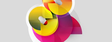 Soyut renkli şekiller örtüşür, dinamik bileşim yaratır. Gradyanlar sarı, pembe, turuncu, beyaz renkleri harmanlarlar. Modern tasarım ögesi.