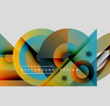 Soyut renkli şekiller çakışıyor. Dinamik bileşim daireler, üçgenler, çizgiler içerir. Modern tasarım elementleri canlı görsel etki yaratır.