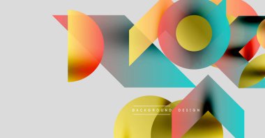 Soyut geometrik şekiller örtüşüyor, canlı renk eğimleri yaratıyor. Modern tasarım elementleri dinamik bileşimi önerir.