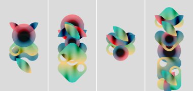 Soyut renkli şekiller örtüşür, canlı kompozisyonlar yaratır. Dört panelde sıvı formları, gradyanlar ve yumuşak kenarlar var. Modern tasarım.