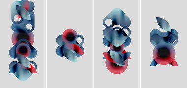 Soyut şekiller, kırmızı ve mavi renkler, katmanlı şekiller. Minimalist tasarım, temiz arka plan, modern estetik. Dört panel mevcut varyasyonlar.