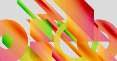 Soyut kompozisyon. Üst üste binen renkli şekiller, dinamik görsel deneyimler yaratıyor. Gradyanlar, kıvrımlar, açılar modern estetiği tanımlar.