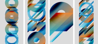 Soyut geometrik bileşim. Dört panel üst üste binen daireler, çizgiler, canlı renkler, modern tasarım gösteriyor. Minimalist estetik.