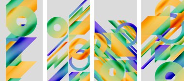 Soyut geometrik çizimler. Canlı renkler karışıyor, dinamik şekiller yaratıyor. Paneller katmanlı tasarımları, modern estetiği gösterir.