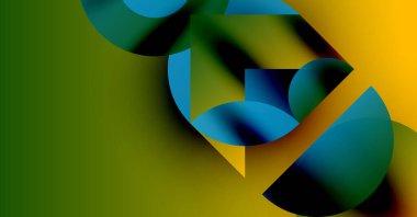 Üst üste binen daireler, canlı renkler içeren soyut kompozisyon. Yeşil, sarı, mavi renkler harmanlanarak dinamik görsel efekt yaratır. Modern tasarım.