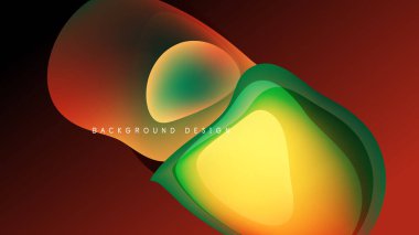 Soyut sıvı şekilleri örtüşür, canlı gradyanlar yaratır. Sıcak renkler baskın, kırmızıdan yeşile dönüşüyor, sarıya. Koyu arkaplan görsel etkiyi arttırır.