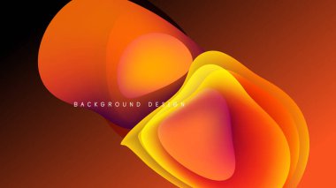 Soyut sıvı şekilleri örtüşür, parlak turuncu ve sarı renkler yaratır. Koyu arkaplan akış biçimlerini, modern tasarım unsurlarını vurgular.