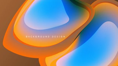 Soyut sıvı şekilleri örtüşür, canlı turuncu, mavi renkler siyah arkaplana hakim olur. Modern tasarım ögesi, pürüzsüz gradyanlar.