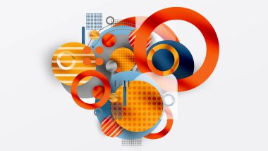 Soyut geometrik şekiller çakışıyor. Turuncu, lacivert, gri renkler modern tasarım yaratır. Çemberler, dikdörtgenler, noktalar dinamik bileşim oluşturur.