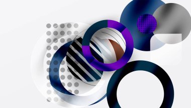 Soyut geometrik bileşim. Daireler, çizgiler, noktalar modern görsel tasarım yaratır. Gölgeler mor, gri, kahverengi egemen. Minimalist estetik.