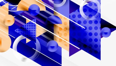 Soyut geometrik bileşim. Şekiller çakışıyor, dinamik görsel etki yaratıyor. Mavi, turuncu renkler tasarımda baskın. Modern, temiz estetik.