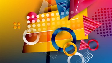 Soyut geometrik bileşim. Parlak renkler örtüşüyor, dinamik görsel deneyim yaratıyor. Şekiller daireler, kareler, üçgenler, çizgiler içerir.