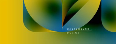 Soyut gradyanlar sarı, yeşil ve mavi renkleri harmanlarlar. Üst üste binen şekiller dinamik görsel efekt yaratır. Metin arkaplan tasarımı okur.