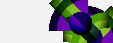 Soyut geometrik şekiller, mor, yeşil renkler kompozisyona hakim. Küre katmanlı biçimleri kesiştirip, dinamik görsel efekt yaratır.