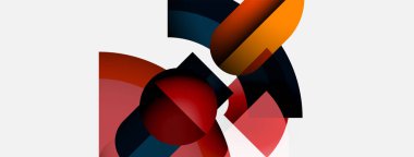 Soyut şekiller örtüşür, dinamik bileşim yaratır. Sıcak kırmızılar havalı mavileri, turuncu aksanlar enerji katar. Minimalist tasarım.