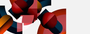 Soyut geometrik şekiller, küreler, dikdörtgenler, canlı renkler, modern tasarım. Kompozisyonda kırmızı, turuncu, mavi renkler yer alıyor. Minimalist estetik.