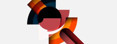 Soyut geometrik şekiller örtüşür, dinamik bileşim yaratır. Sıcak renkler beyaz arkaplanda serin tonlarla harmanlanır. Modern tasarım.