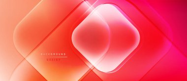 Soyut geometrik tasarım. Kırmızı, turuncu gradyanlar katmanlı kareler ve kıvrımlar yaratır. Dijital projeler için modern arkaplan.