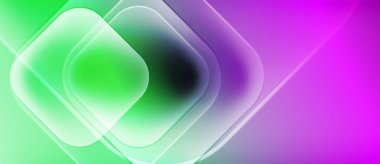 Soyut gradyanlar canlı yeşil, mor renkleri harmanlarlar. Üst üste binen kareler parlak bir etki yaratıyor, modern tasarım. Pürüzsüz geçişler, parlak renkler kompozisyona hakim.