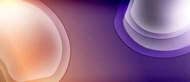 Soyut bileşim akışkan şekiller, gradyanlar içerir. Sıcak tonlarda serin mor renklere geçiş. Düz eğriler dinamik görsel denge yaratır.
