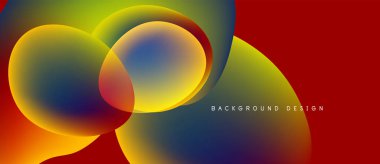 Soyut renkli şekiller çakışıyor. Canlı gradyanlar dinamik görsel efekt yaratır. Kırmızı arkaplan tasarım elementlerini tamamlar.