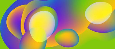 Canlı örtüşen daireler soyut renkli arkaplan oluşturur. Pürüzsüz gradyanlar sarı, turuncu, mor, yeşil renkleri harmanlarlar. Modern tasarım.