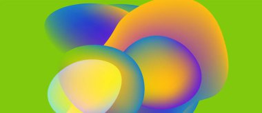 Canlı örtüşen şekiller soyut kompozisyon oluşturur. Renkler harmanlanır, parlak yeşil arkaplana karşı gradyan oluşturur. Modern tasarım.