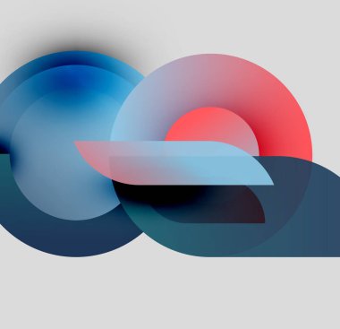 Soyut kompozisyon. Üst üste binen daireler, dikdörtgenler dinamik görsel efekt yaratır. Mavi, kırmızı renkler tarafsız arkaplana hakim. Modern tasarım.