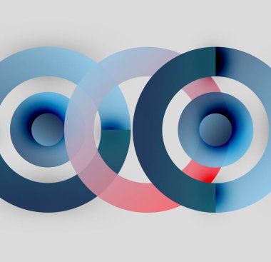 Üst üste binen daireler içeren soyut kompozisyon. Renkler karışıyor, yumuşak eğimler yaratıyor. Minimalist tasarım, modern estetik.