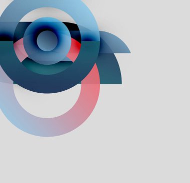 Üst üste binen daireler, gradyanlar içeren soyut kompozisyon. Maviler, kırmızılar tarafsız arkaplanda baskın gelir. Modern tasarım elemanları.