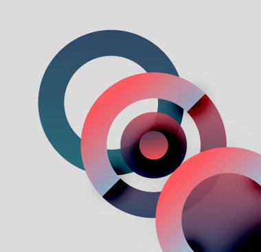 Özmerkezli daireler içeren soyut bir kompozisyon. Kırmızı, mavi renkler dizaynın hakimi. Minimalist estetik, modern his. Yumuşak eğimler mevcut.