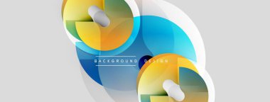 Soyut tasarım, üst üste binen daireler, canlı renkler, düzgün eğimler. Modern kompozisyon dinamik görsel efekt yaratır. Arkaplan metin ögelerini içerir.