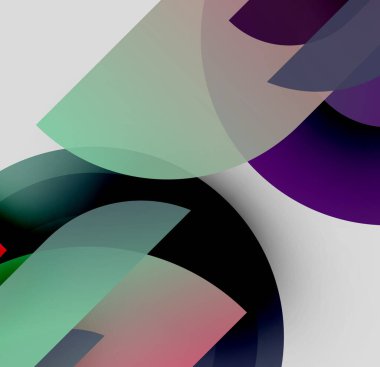 Soyut kompozisyon. Üst üste binen yarı saydam çemberler, dinamik görsel efekt yaratır. Renkler arasında mor, yeşil, gri, pembe var. Minimalist tasarım.