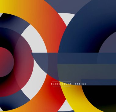 Üst üste binen daireler, dikdörtgenler içeren soyut bir kompozisyon. Canlı renkler dinamik görsel deneyimler yaratır. Modern tasarım elemanları.