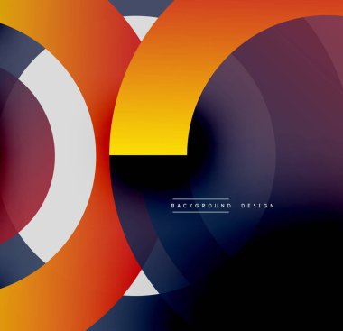 Soyut daireler örtüşüyor, canlı renk eğimleri yaratıyor. Modern tasarım dinamik şekiller, pürüzsüz geçişler içerir. Arka plan karanlık..