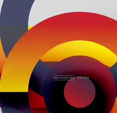 Soyut çemberler çakışıyor, canlı gradyanlar yaratıyor. Renkler kırmızı, turuncu, sarı, donanma, siyah, gri. Modern tasarım ögesi.
