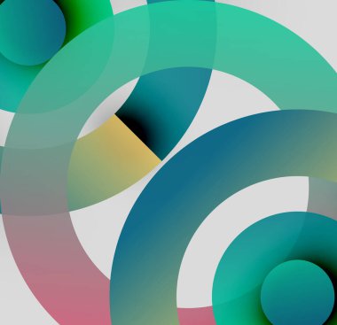 Soyut kompozisyon. Üst üste binen daireler dinamik görsel efekt yaratır. Renkler karışıyor, değişkenler oluşuyor, şekiller etkileşime giriyor. Modern tasarım.