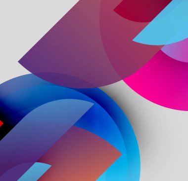 Soyut şekiller örtüşüyor, canlı renk değişimleri yaratıyor. Maviler, morlar, pembeler kompozisyona hakim. Modern tasarım, pürüzsüz geçişler mevcut.