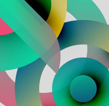 Üstüste binen şeffaf daireler içeren soyut bir kompozisyon. Renkler karışır, dinamik görsel efekt yaratır. Minimalist tasarım, modern estetik.