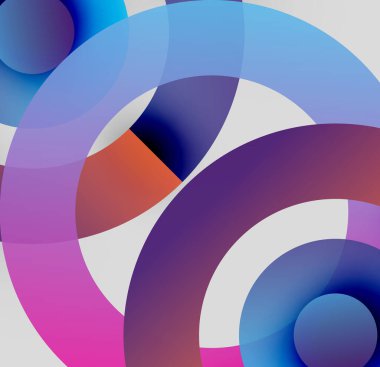 Soyut kompozisyon. Üst üste binen daireler dinamik görsel efekt yaratır. Renkler karışır, değişkenler oluşur, şekiller hareketi işaret eder. Modern tasarım.