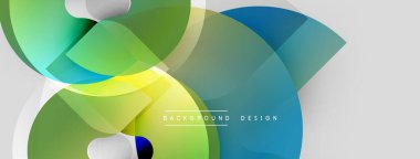 Soyut geometrik şekiller örtüşür, canlı gradyanlar yaratır. Yeşil, sarı, mavi renkler tasarımda baskın. Modern, temiz estetik.
