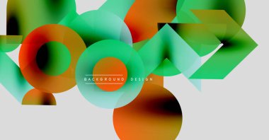 Soyut şekiller örtüşüyor, canlı renk değişimleri yaratıyor. Çemberler, kareler, üçgenler ışık arkaplanı üzerinde dinamik bileşim oluştururlar.