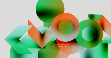 Soyut, enerjik şekiller çakışıyor. Yeşil, turuncu renkler kompozisyona hakim. Modern tasarım elementleri dinamik görsel efekt yaratır.