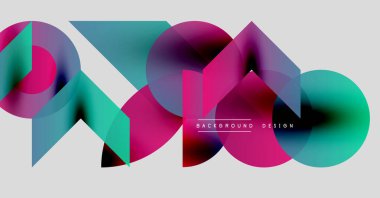 Soyut geometrik şekiller örtüşüyor, canlı renk eğimleri yaratıyor. Modern tasarım öğeleri akıcılık, hareket ve yenilik önerir. Arkaplan açık gri.