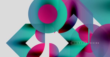 Soyut geometrik bileşim. Üst üste binen daireler, üçgenler canlı, modern tasarım yaratır. Pembe, deniz mavisi baskın renk şeması.