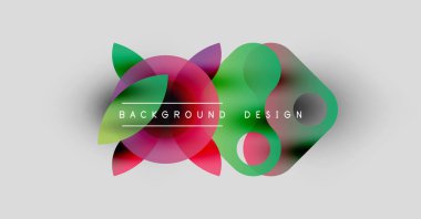 Soyut vektör çizimi. Üst üste binen renkli şekiller dinamik bir arkaplan yaratır. Metin arka plan tasarımı okur. Minimalist stil.