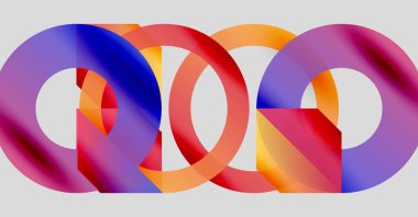 Soyut tasarım özellikleri üst üste binen renkli halkalar. Gradyan gölgeler dinamik görsel efekt yaratır. Modern, minimalist kompozisyon.